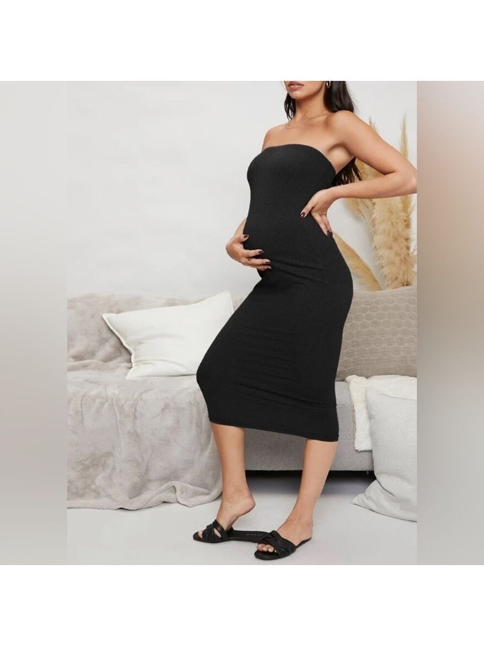 Thyme Maternity Black Strapless Shirred Stretch Jersey Midi Tube Dress